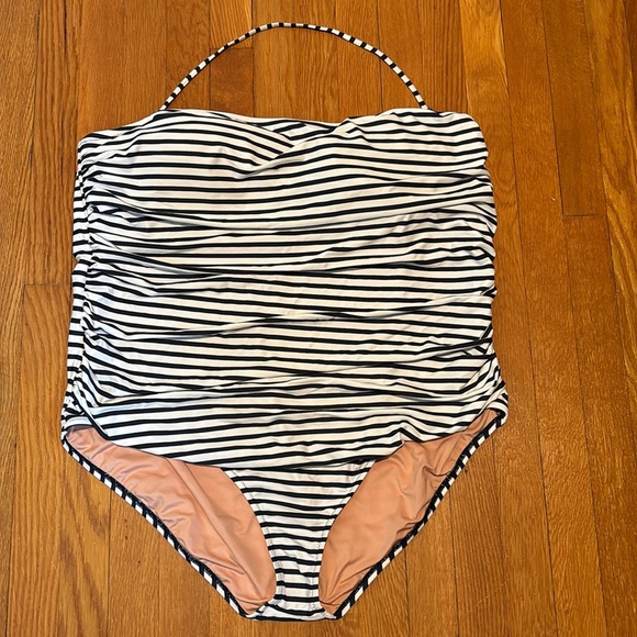 Reimagined by J Crew ruched bandeau one piece bathing suit in horizontal stripes - Picture 2 of 15
